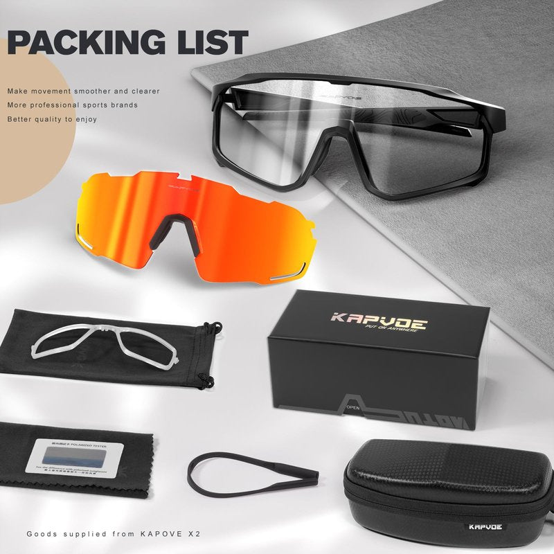 KAPVOE Cycling Glasses with Interchangeable Polarized + Photochromic Lenses Sport Sunglasses Mountain Bike Glasses K93-91