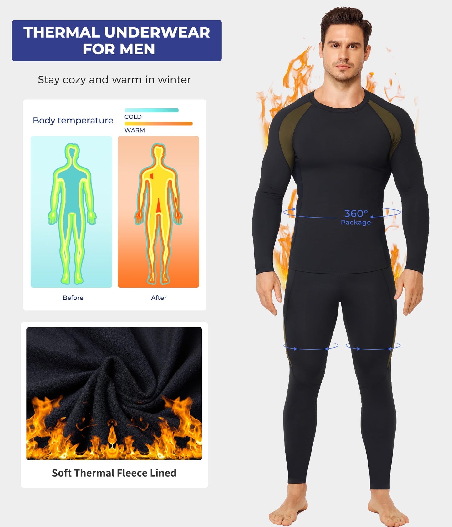 TAILONG Thermal Underwear for Men Long Johns With Fleece Lined Base Layer Hunting Gear Bottom Top Set for Cold Weather Black