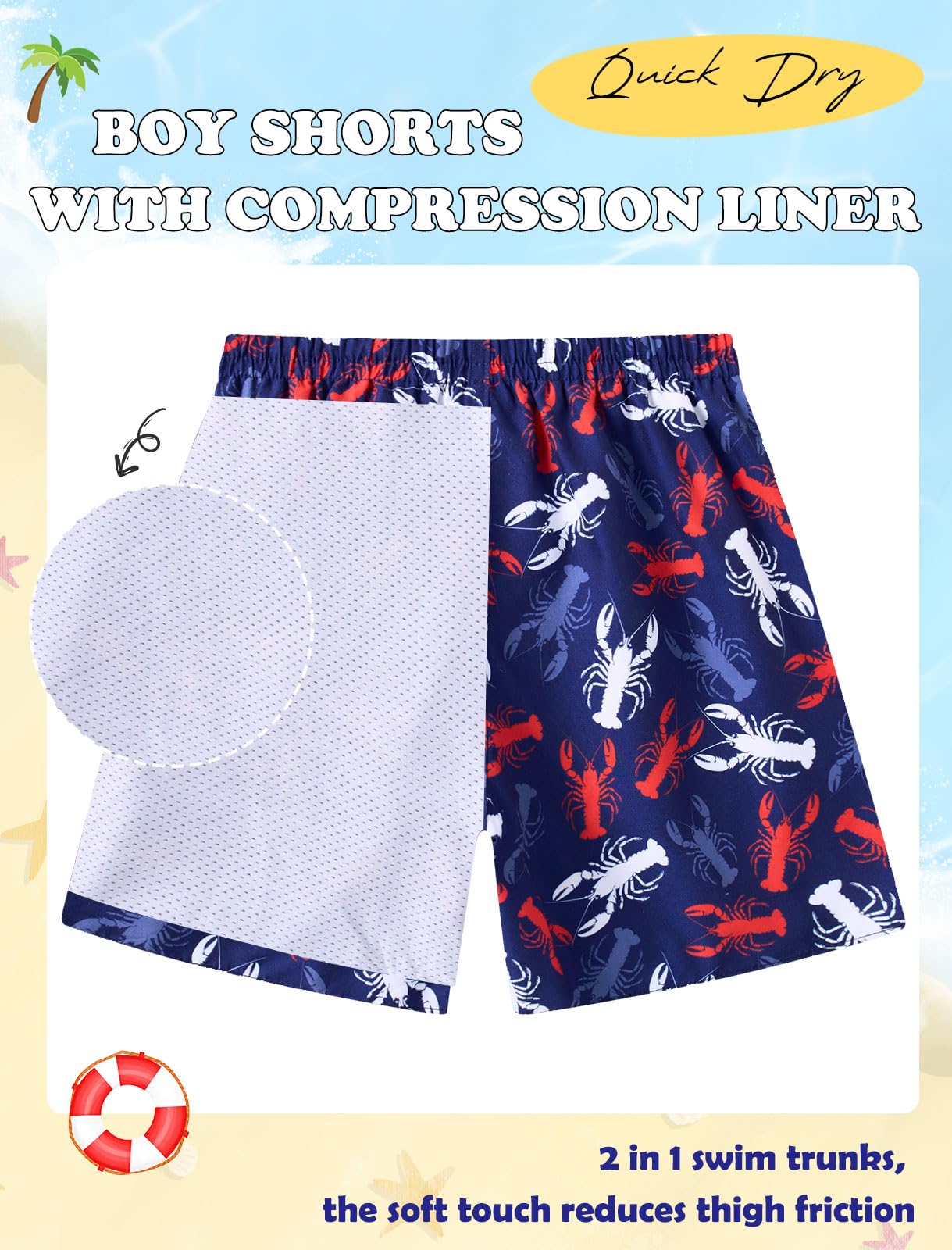 Cuddomper Teen Boys Swim Trunks Compression Liner Size 10-12 Swimming Shorts Crayfish Quick Dry Bathing Suit Swimwear with Stretch Boxer Brief Swimsuit Beach Boardshorts