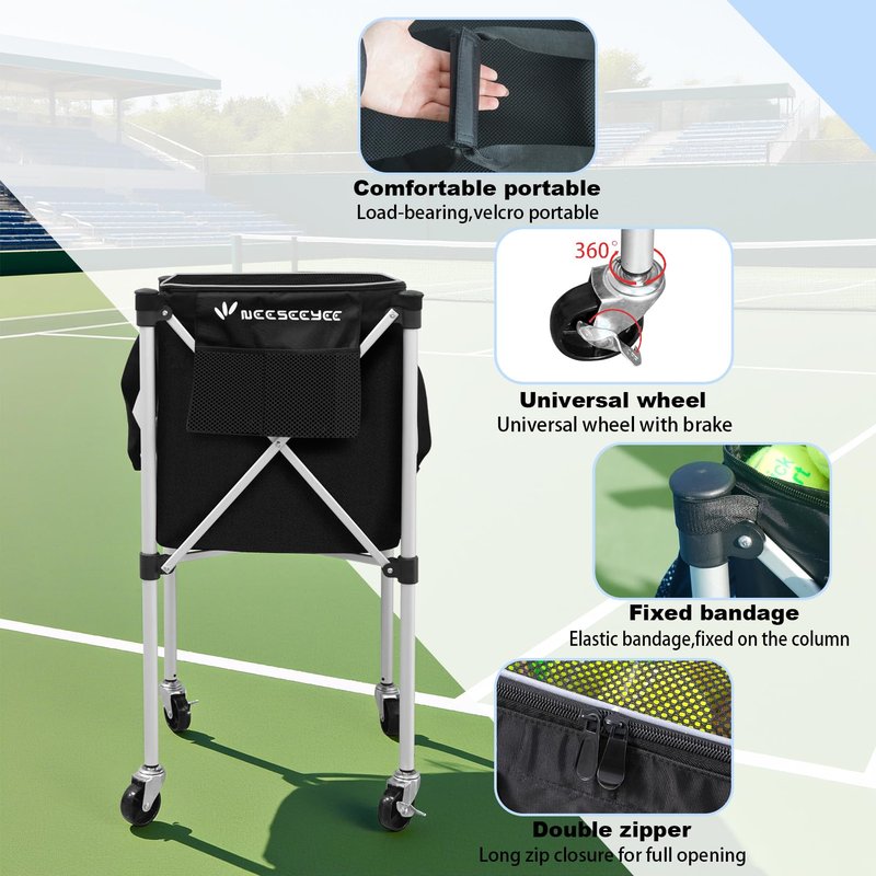 NEESEEYEE Sturdy Pickleball Tennis Ball Hopper - Foldable Lightweight Tennis Cart Holds 240 Tennis/180 Pickleballs with Removable Bag, Wheels, Side Pocket for Training/Teaching