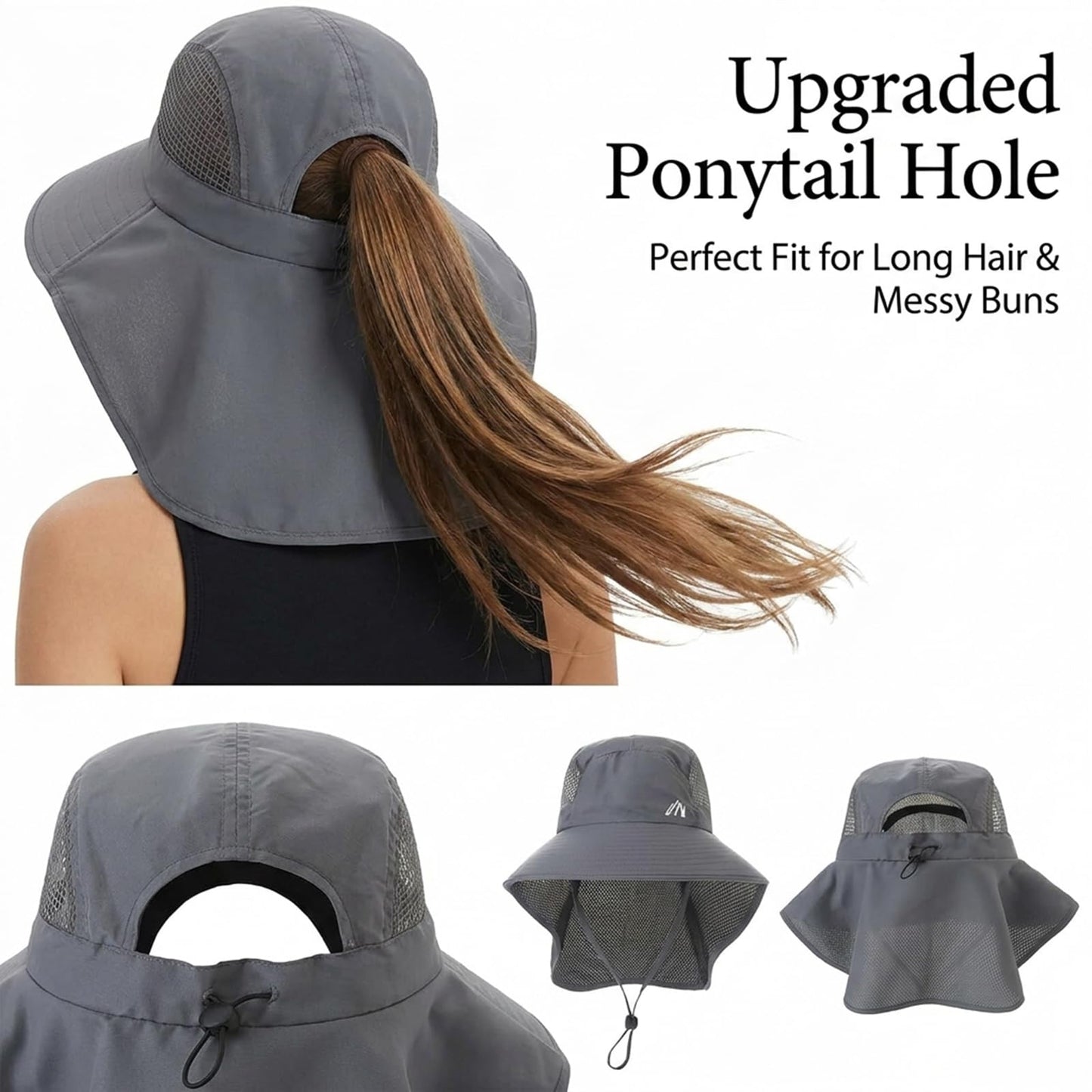 UV Sun Protection Hat Women Foldable Neck Flap Wide Brim Hiking Hat with Ponytail Hole for Women Dark-Gray