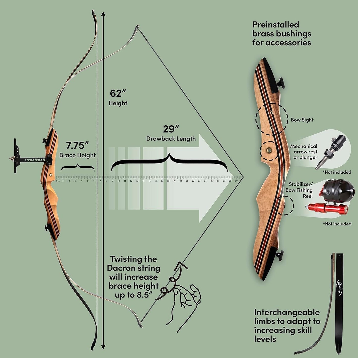 KESHES Takedown Recurve Bow and Arrow Set for Adults & Teens 62" - 15-60lb Draw Weight, Right & Left Handed Bows - Archery Set with Bowstring, Arrow Rest, Stringer Tool, and Bow Sight - 40 Left Hand