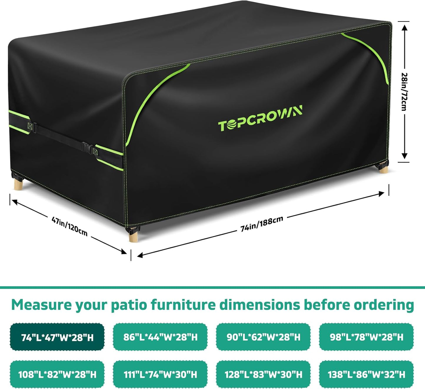 Topcrown Patio Furniture Covers - Waterproof Anti-UV Oxford Fabric | Rectangular 74"L x 47"W x 28"H (Black & Green)
