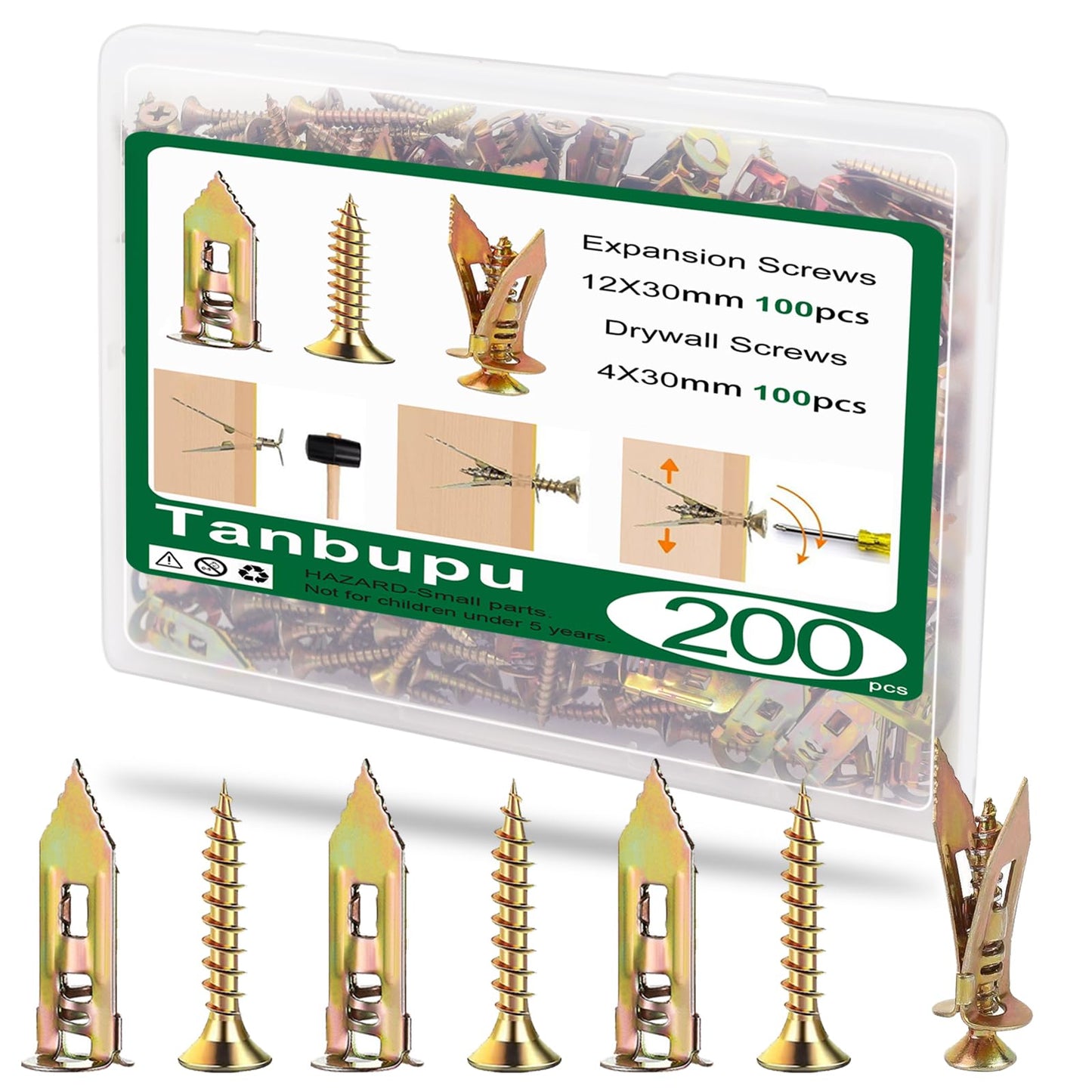 Tanbupu 200Pcs Self Drilling Drywall Anchors with Screws Kit, 2025 Upgraded (0.47X1.18inch) Zinc Plated Steel Wall Anchors and Self Tapping Screws No Drill or Holes in Wall
