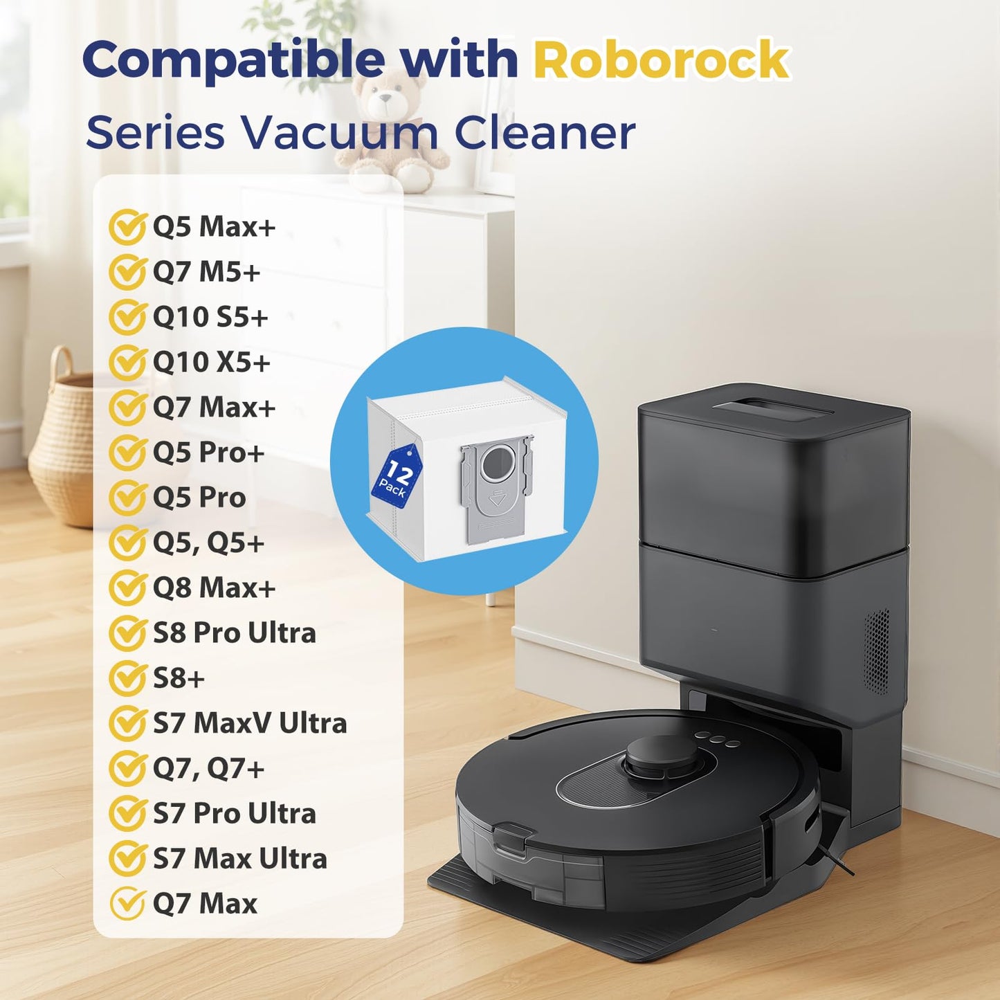 12 Pack Q7 Dust Bags Compatible with Roborock Q7 M5+, Q7 Max+, S8 Pro Ultra, S7 Max Ultra, Q10 S5+, Q10 X5+, Q8 Max+, Q5 Max+, Q5 Pro+, Q5 Pro, Q5+, 3.6L Vaccum Bag for S8+, S7 MaxV Ultra, Q5, Q7+