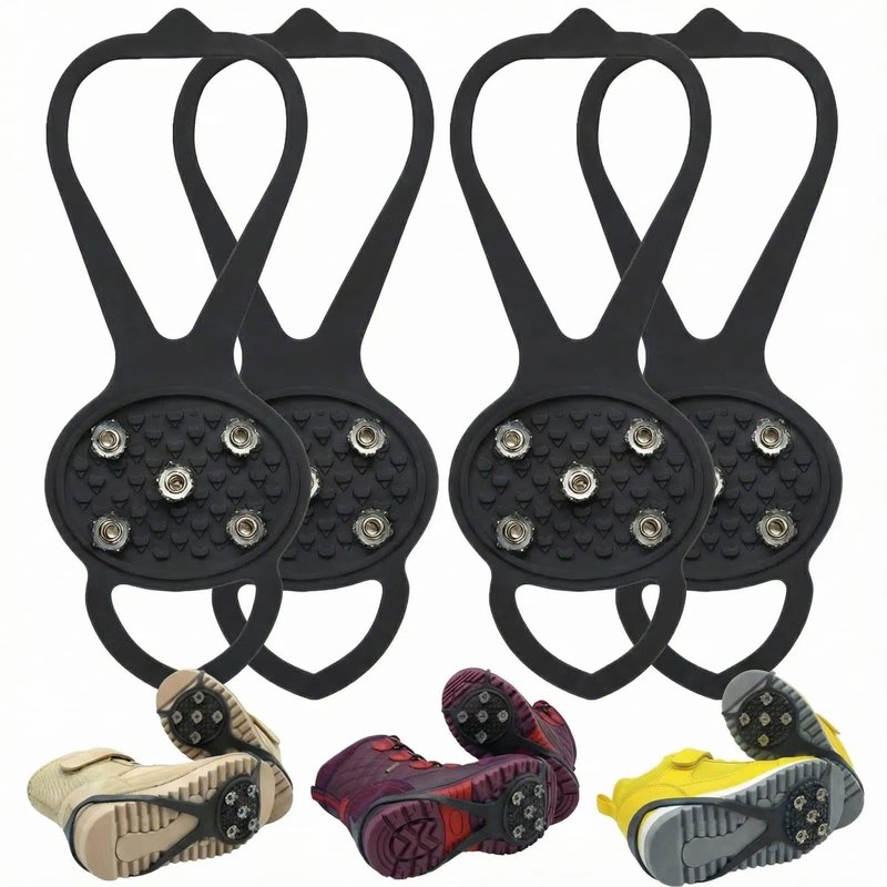 2 Pairs Black 5-Cleat Ice Grips for Shoes, Anti-Slip Cleats for Ice and Snow, Lightweight Spikes for Walking and Hiking, Secure Traction Grippers for Shoes & Boots in Size S (Kids’ Size 5-7)