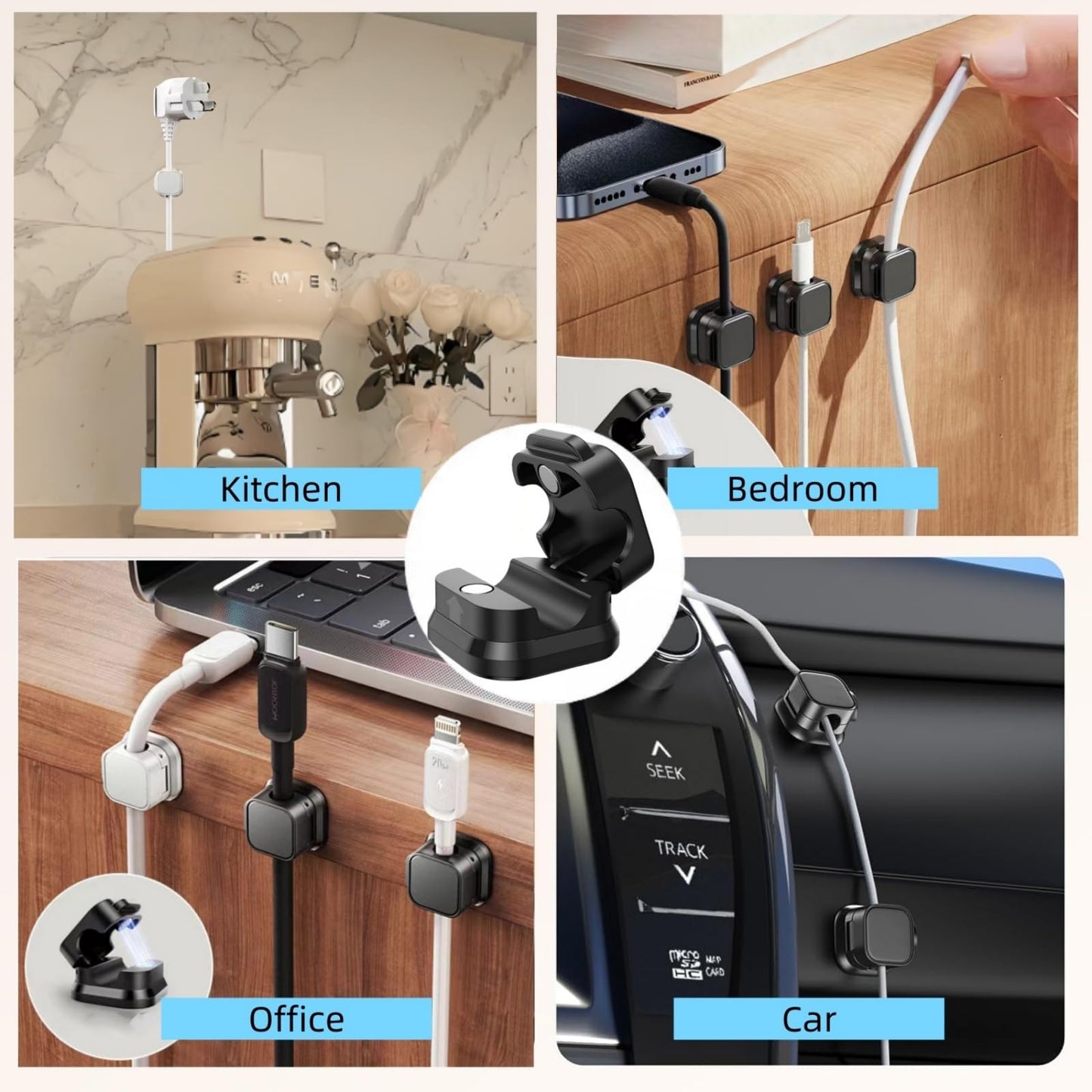 10 Pack Magnetic Cable Clips,Adjustable and Convenient Cable Management, Wire Holder Organizer, Conceal or Arrange Phone USB Charger Cables for Home, Office, Car, Desk, or Nightstand. (Black)