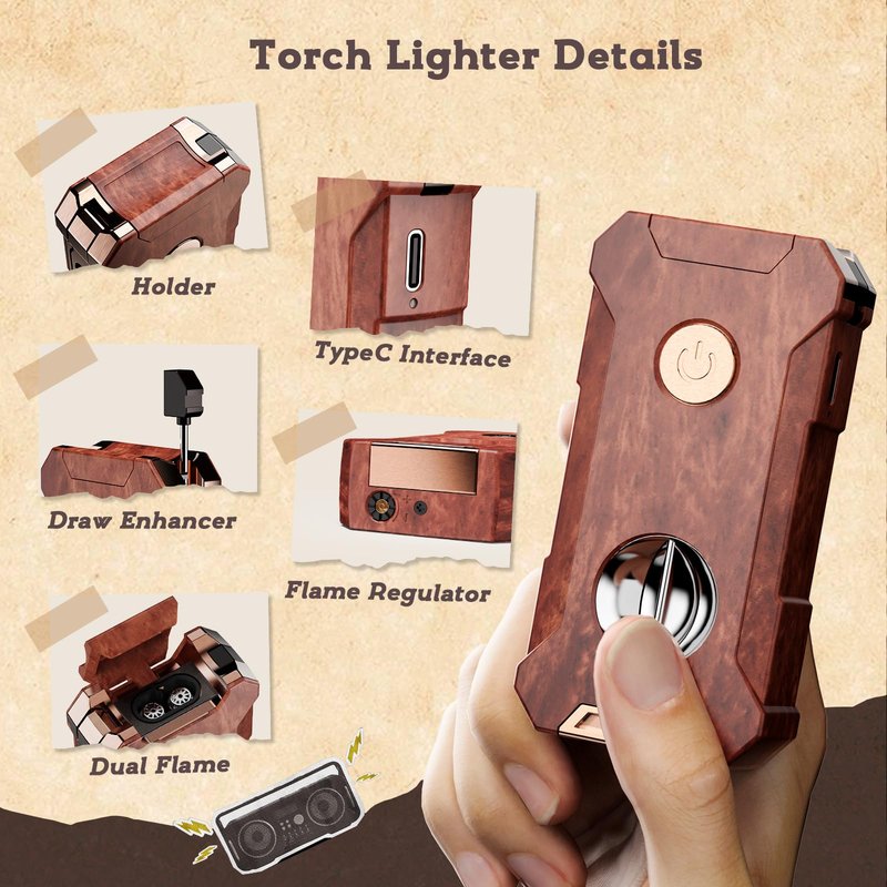 5-in-1 Torch Lighter with Tool, Holder, Punch, Draw Enhancer Tool, Double Jet Flame, Windproof Rechargeable Lighters, Versatile Gifts for Men, Refillable Butane Lighter for Candles, Travel