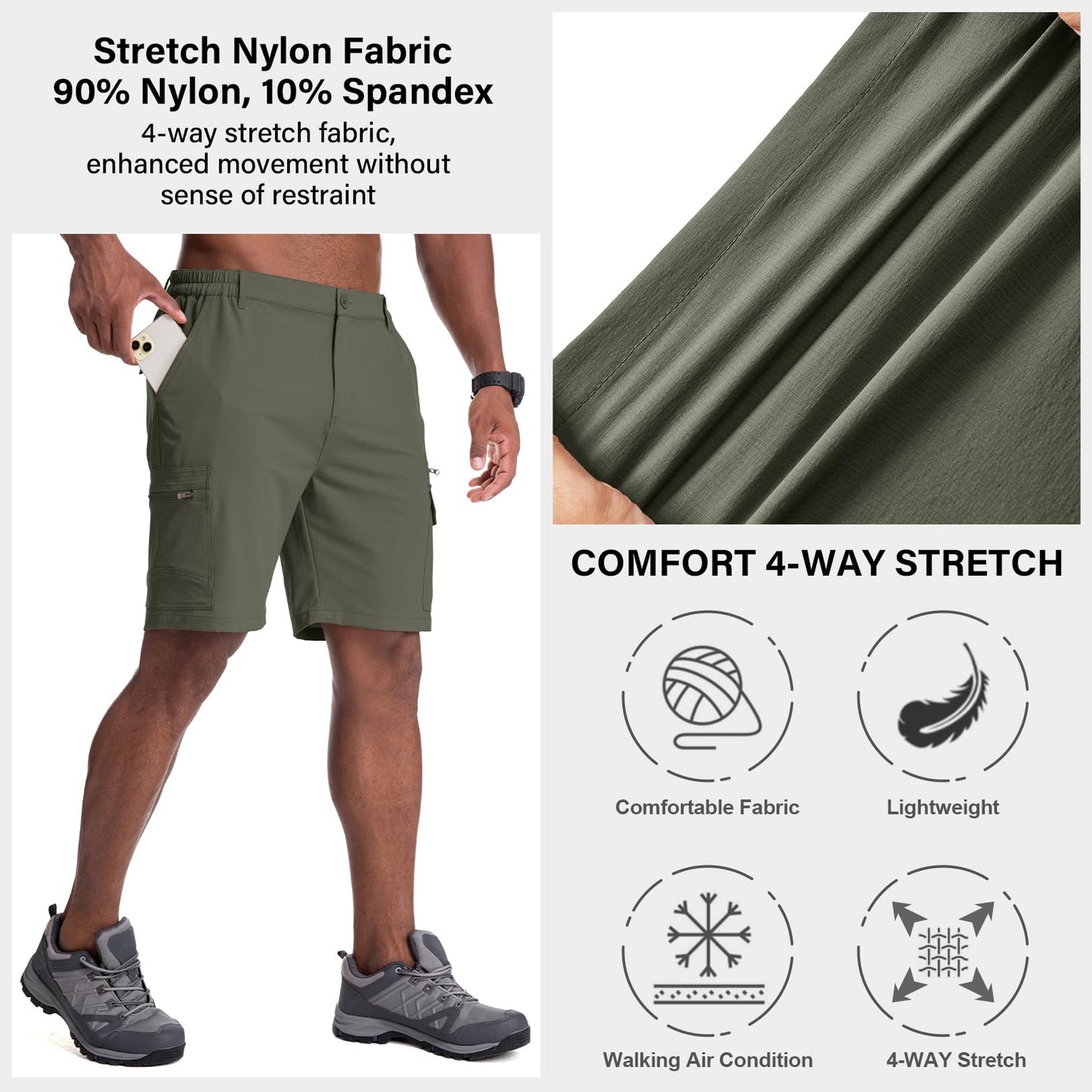 Jessie Kidden Mens Outdoor Casual Expandable Waist Lightweight Water Resistant Quick Dry Fishing Hiking Shorts #6222-Army Green,29
