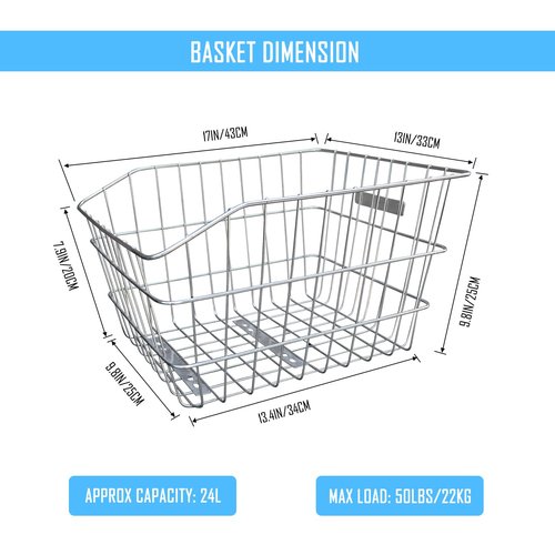 MATTISAM Large Stainless Steel Bike Basket Rear, Tool-Free Install, Bicycle Back Pet Dog Carrier, Silver, 17in(L) x13in(W) x9.8in(H), with Waterproof Cover, Cargo Net
