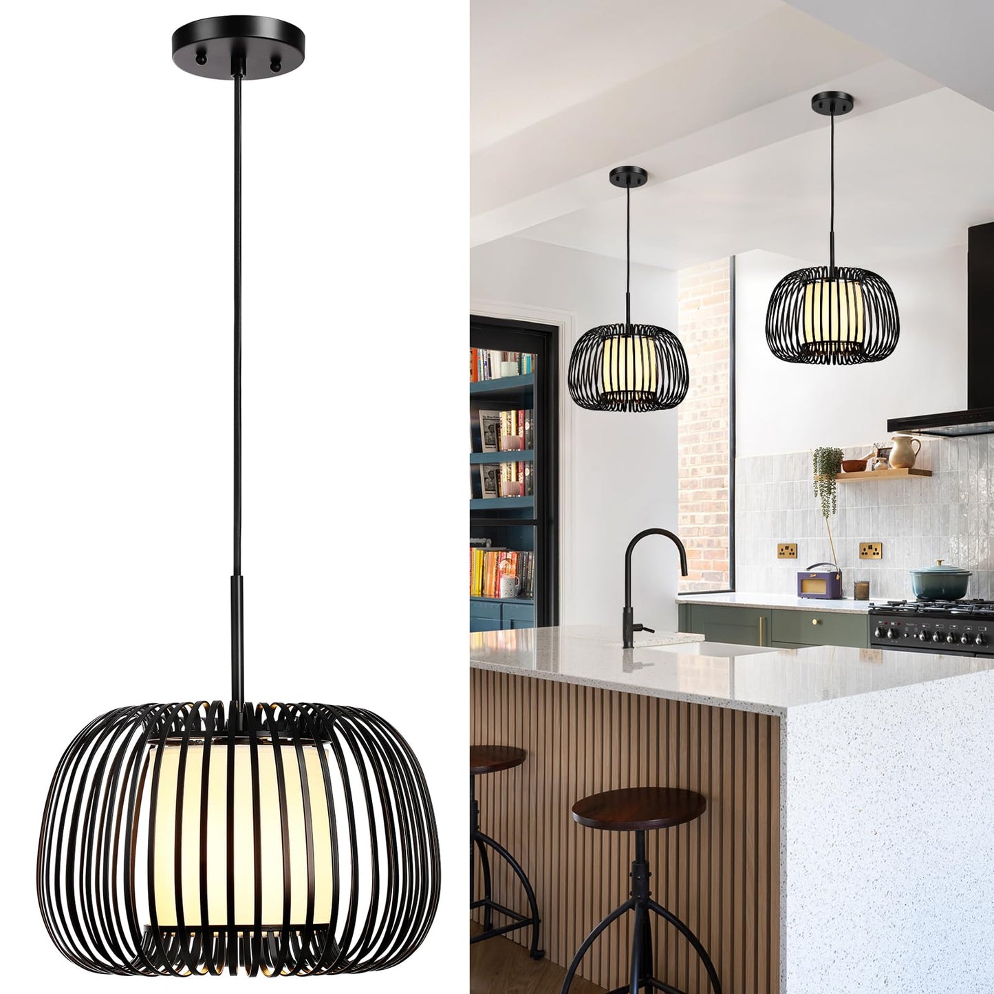 Black Chandeliers Ceiling Light Fixture, 13.7" Modern Chandelier Drum Metal Frame Pendant Light, Adjustable Hanging Chandelier for Over Table Dining Room Entryway Kitchen Island Living Room(1 Pack)