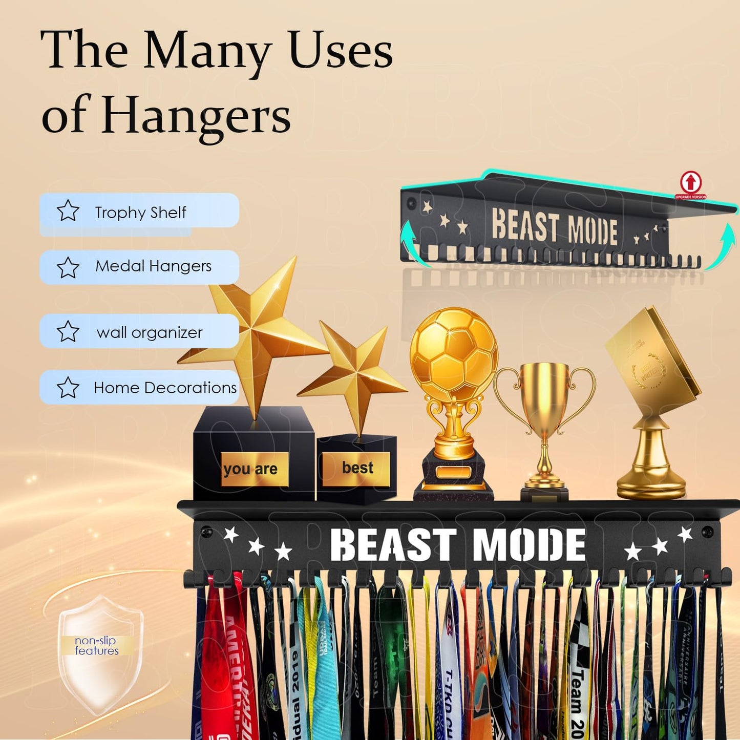 iBobbish Non-Slip Medal Hanger Display Trophy Shelf,Beast Mode Medal Hanger Display for Wall with 16inchL,Race Medal Display Upgraded Medal Holder Display for Wrest,Race,Soccer,Swim