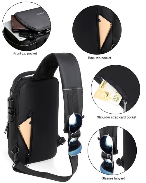 HAN-LBG Sling Bag for Men Women, Black Anti-theft Crossbody Bags with USB Charging Port Waterproof Crossbody Sling Backpack Shoulder Bag for Hiking Cycling Running Travel