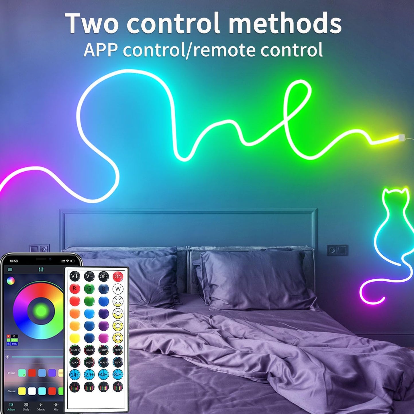 50ft RGB LED Neon Rope Lights with Remote & APP Control - Waterproof Flexible Strip for Bedroom & Outdoor Décor