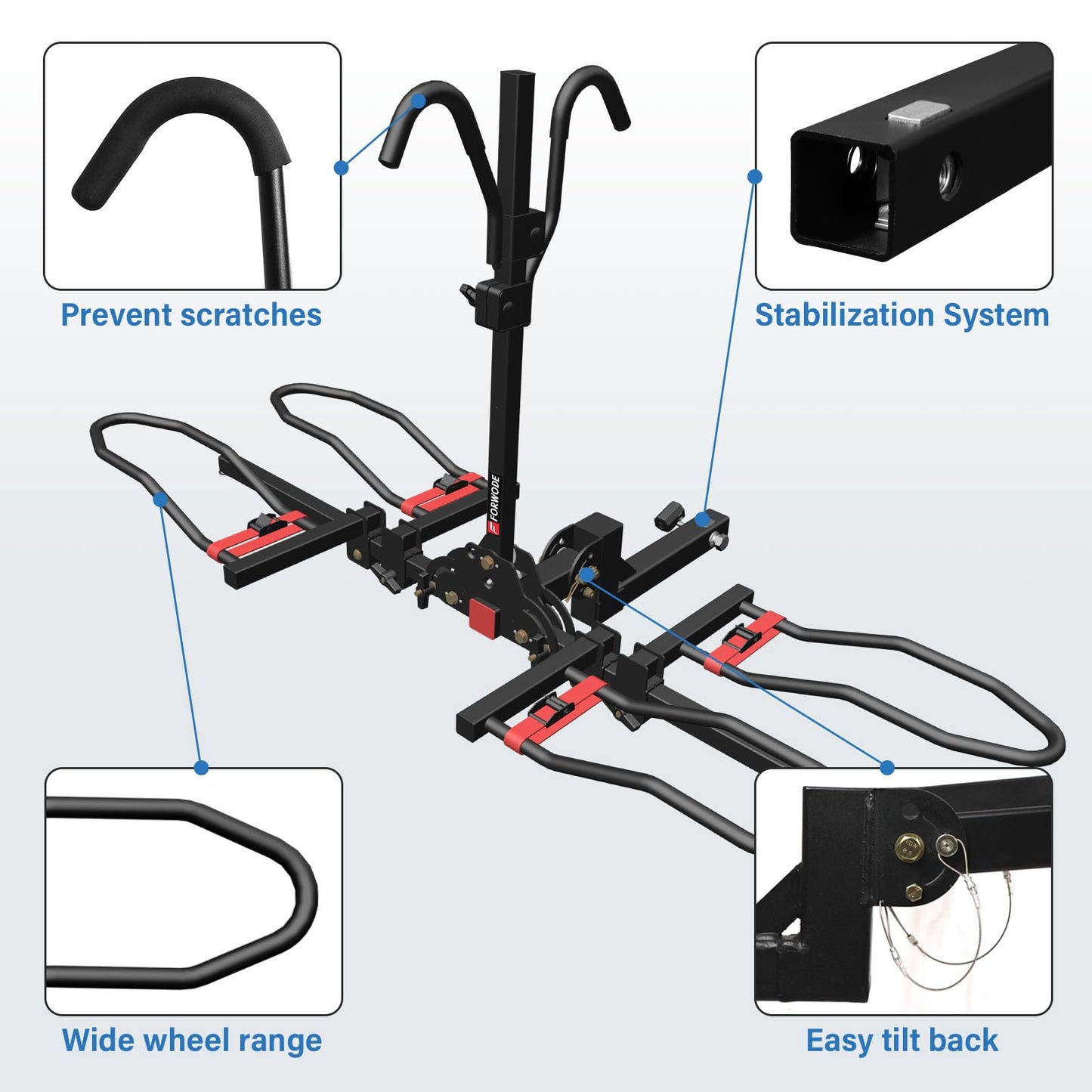 FORWODE Bike Rack Hitch for Car, 200 LB 2-Bike Racks with Hitch Lock, Wobble Free Smart Tilting Folding Hitch Mount Bike Rack for 2 Inch Receiver, Bike Carrier Fits Up to 5 Inch Fat Tire for Car