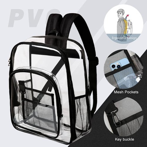 forstree 2 Pieces Heavy Duty Clear Backpack, Black PVC Waterproof Transparent Bag With Cosmetic Bag, See Through Book Bag With Lunch Bag
