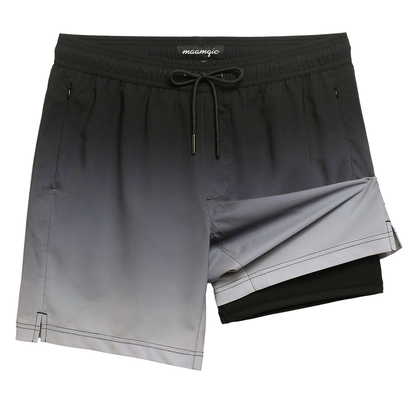 maamgic 2 in 1 Mens Swim Trunks 7 Inch Swim Shorts Swim Suits Board Shorts Gray Gradient Black M