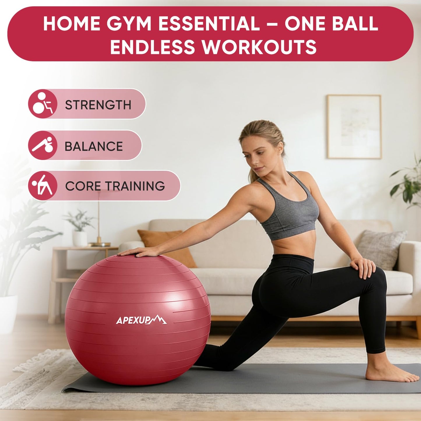 APEXUP Yoga Ball, 660 lbs Anti-Burst Exercise Ball with Pump, 5 Sizes
