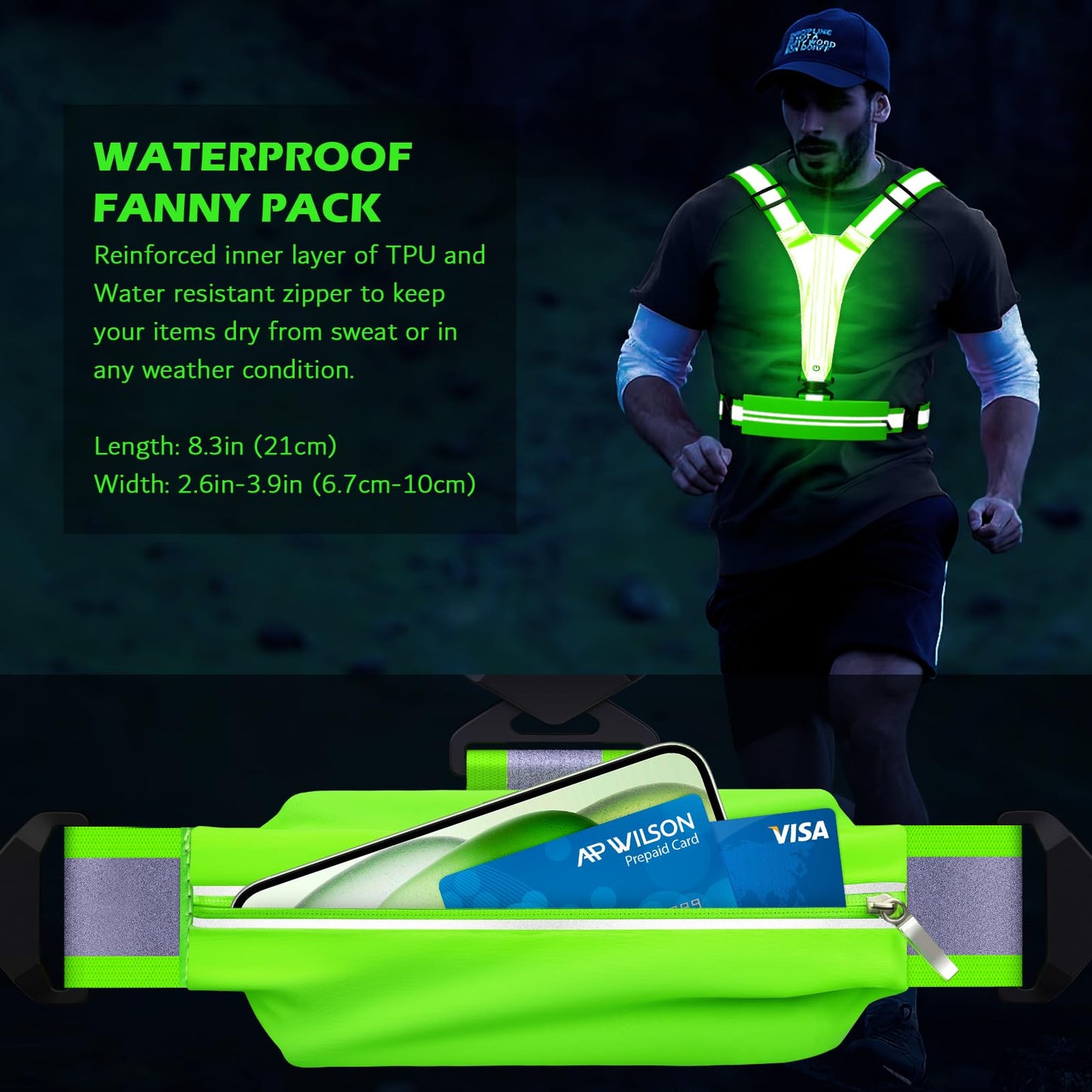 Ylzzrs LED Reflective Vest Running Gear, USB Rechargeable Light Up Running Vest Chest Phone Holder for Runners Night Walking,6-11hrs Light Adjustable Waist/Shoulder for Women Men Kids (Green)