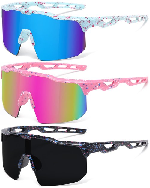 Kashm Youth Baseball Sunglasses for Boys Girls Softball Cycling Sports Sunglasses Kids Lightweight UV Protection 3Pack-Black+Pink+Blue