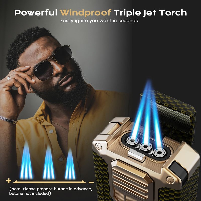 5-in-1 Torch Lighter with Cutter, Punch, Holder, Draw Enhancer, and Triple Windproof Jet Flames, Refillable Butane Lighters with Gift Box, Multi-Function Lighter Accessories, Cool Lighters for Men