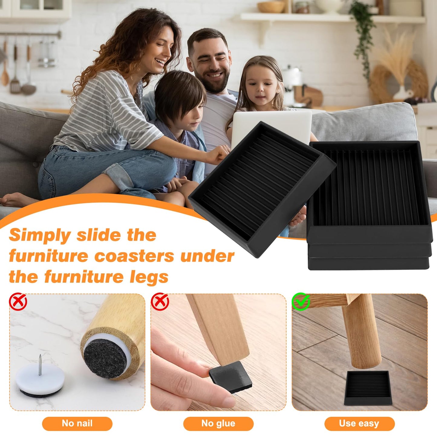 xxxHOLIC Non Slip Furniture Pads for Hardwood Floors, 4 * 4 Inch Black, Set of 4, Rubber Bed Stoppers to Prevent Sliding, Furniture Coasters for Protecting Floors from Scratches and Reduce Noise