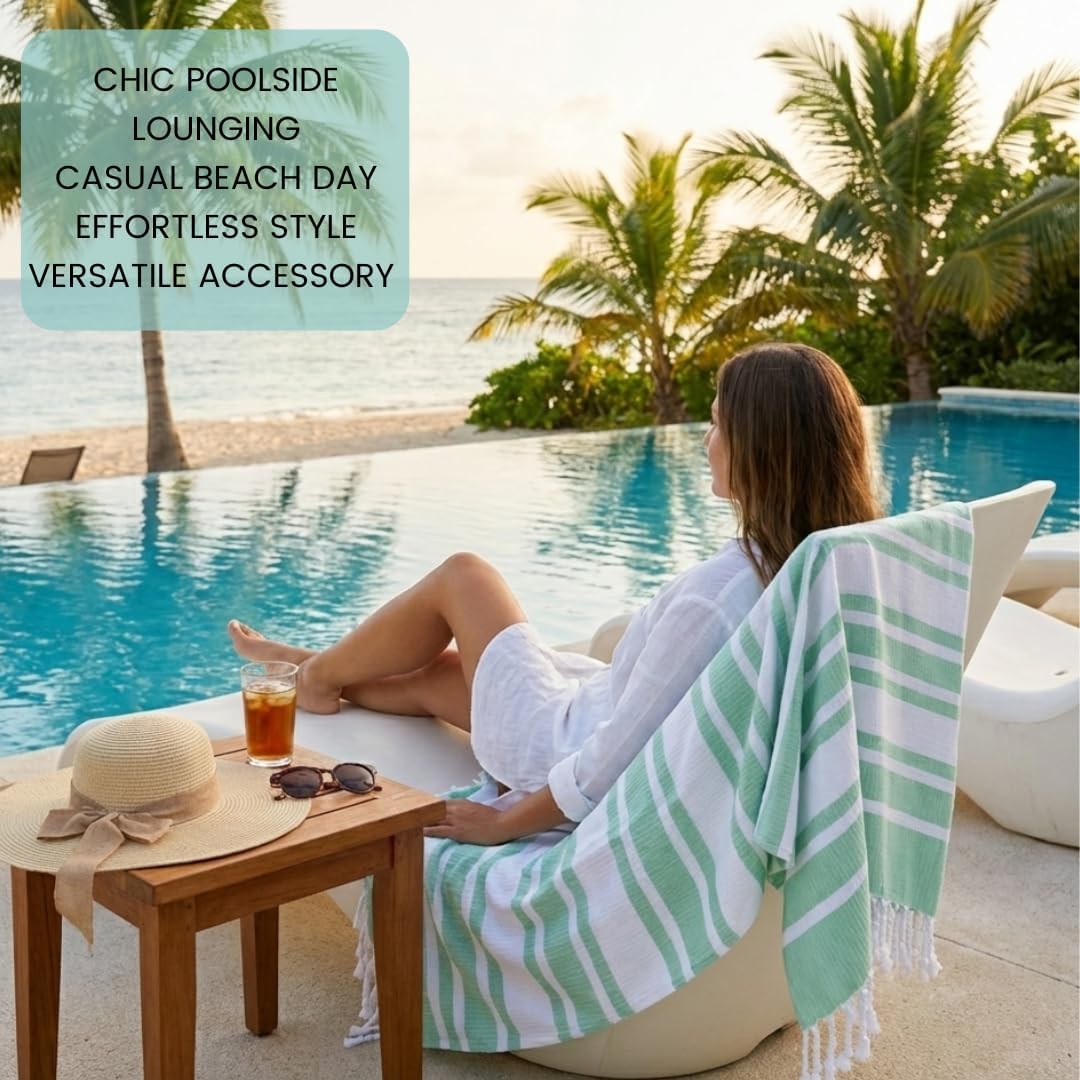 Turkish Beach Towels Set of 4 - Oversized 40x70 Inch Cotton Towels | Quick Dry, Sand-Free, Aqua Blue