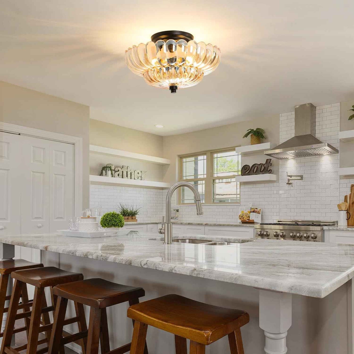 Modern Semi Flush Mount Ceiling Light Fixture with Brown Glass & Black Base - Ideal for Living Room, Kitchen, Bedroom, Hallway (Bulb Not Included)