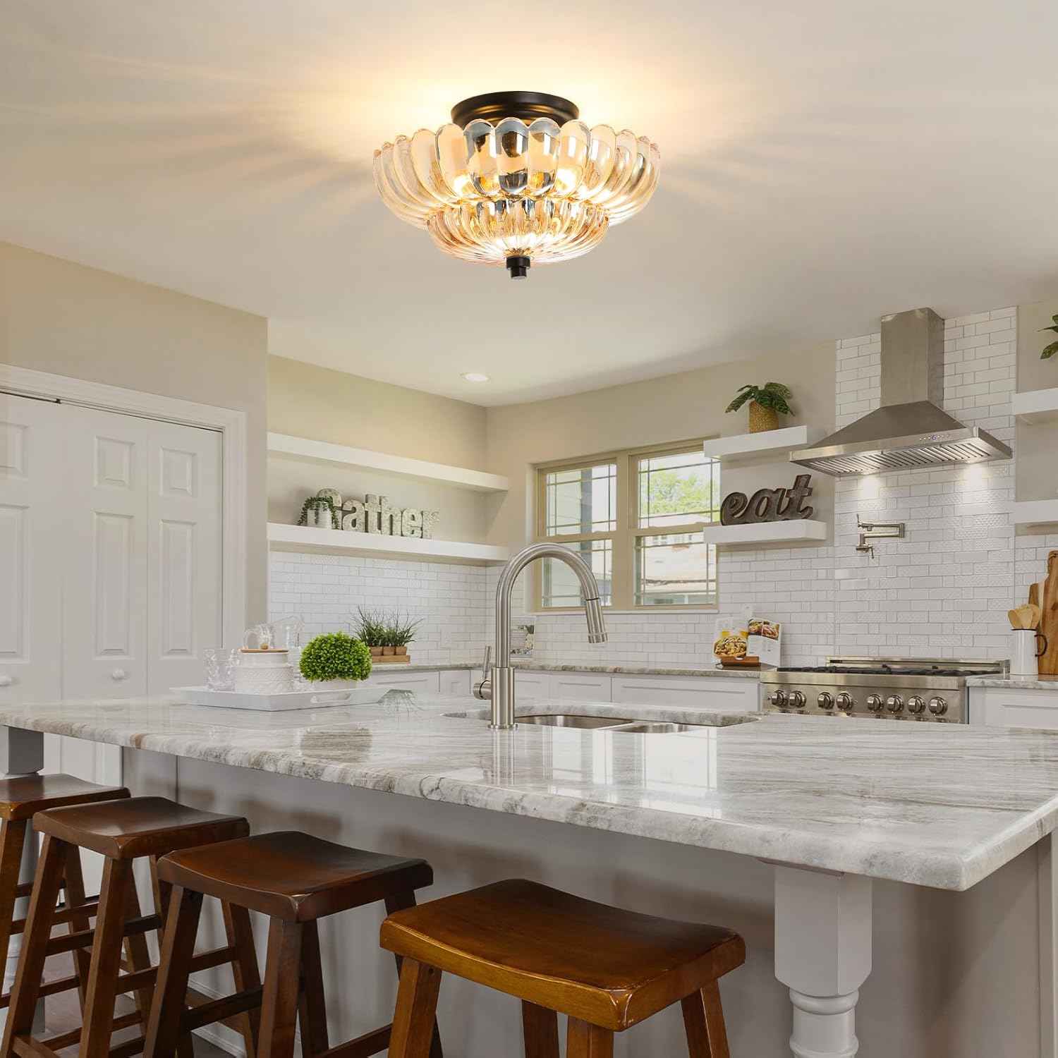 Modern Semi Flush Mount Ceiling Light Fixture with Brown Glass & Black Base - Ideal for Living Room, Kitchen, Bedroom, Hallway (Bulb Not Included)