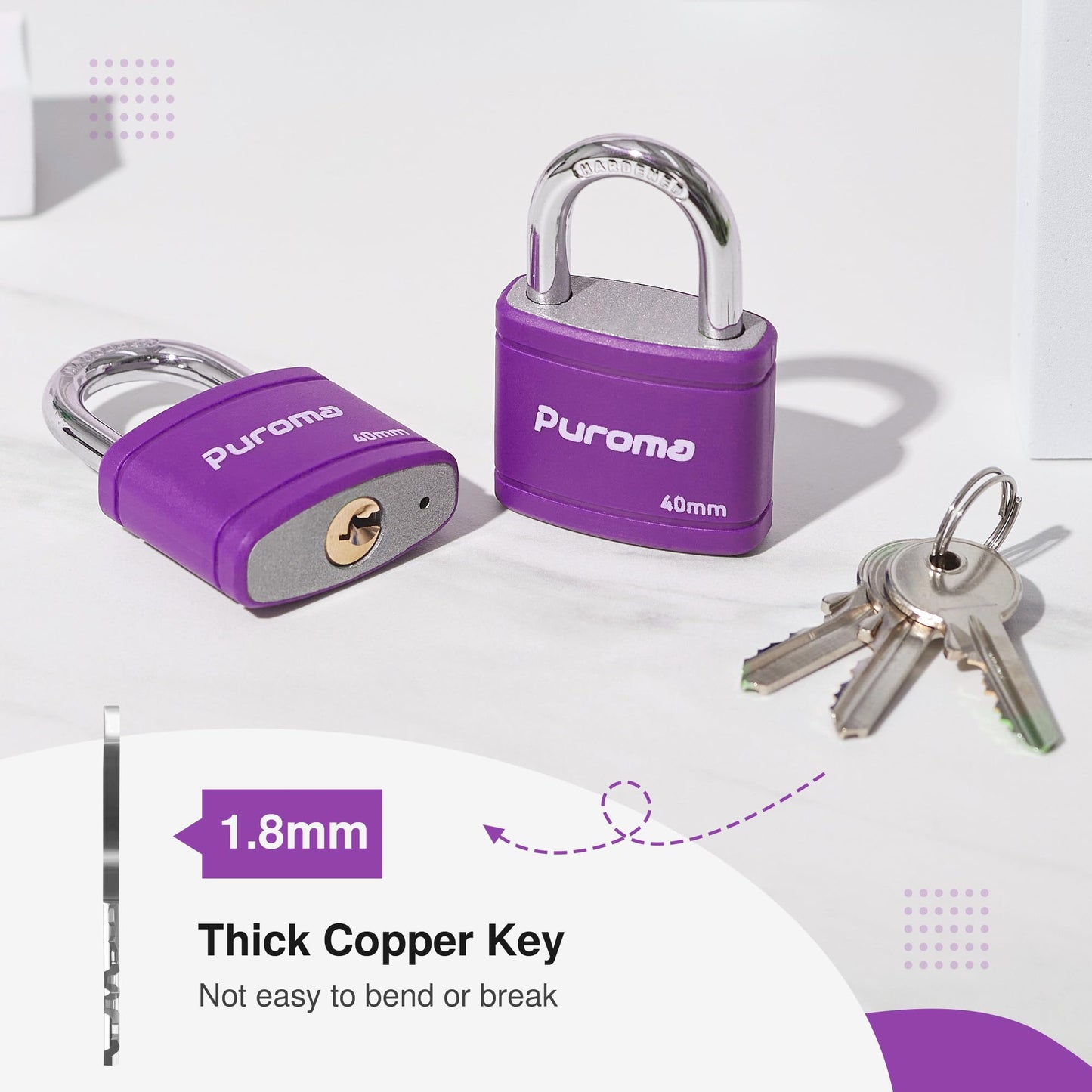 Puroma 2 Pack Keyed Padlock with 3 Keys Alike, 1.1 Inch Locker Lock 40mm Heavy-Duty Locks for Gate Fence Hasp Cabinet Toolbox School Gym Locker (Purple)