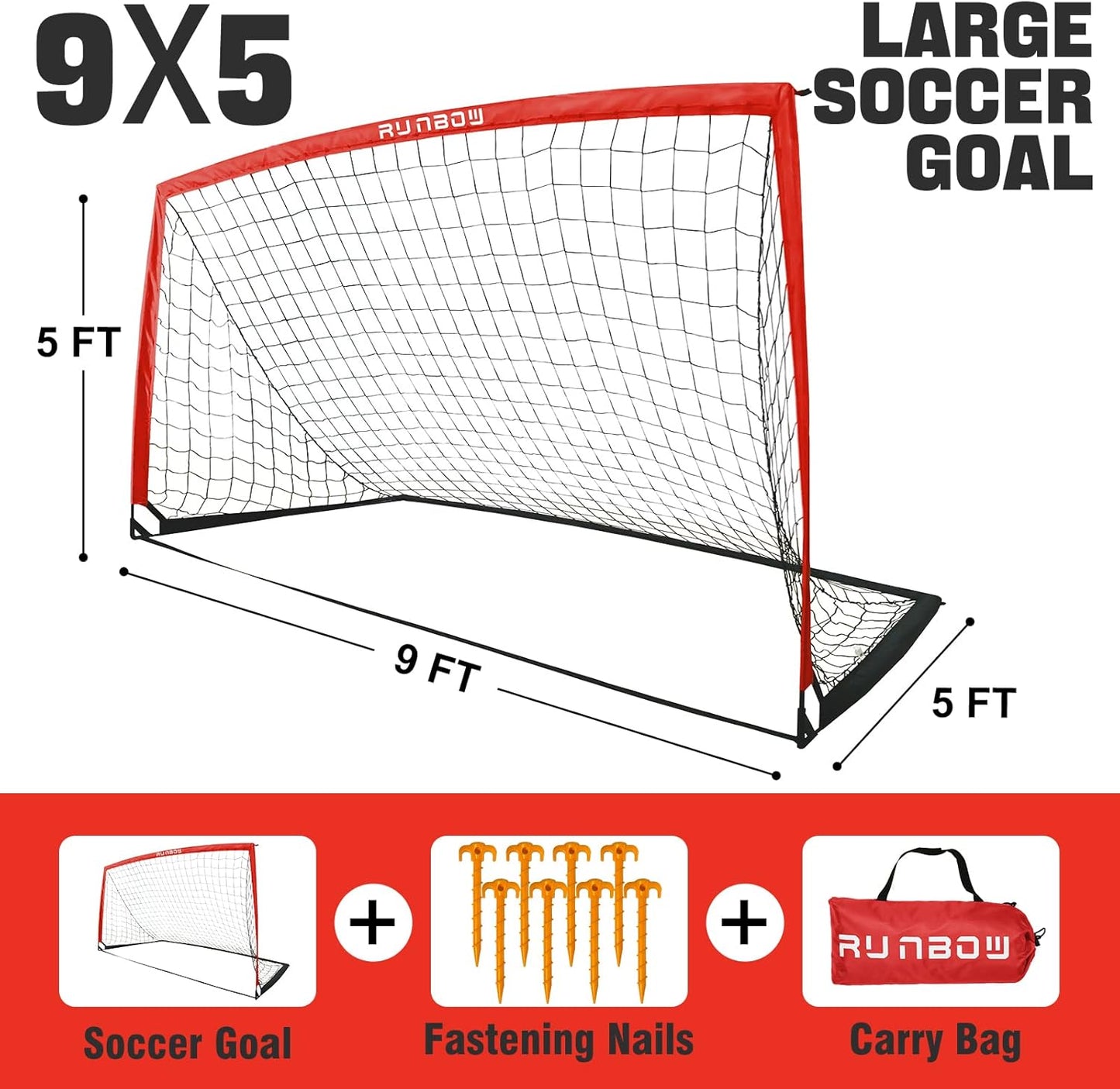 RUNBOW 9x5 FT Portable Kids Soccer Goal - Folding Soccer Net for Backyard Training & Indoor/Outdoor Play