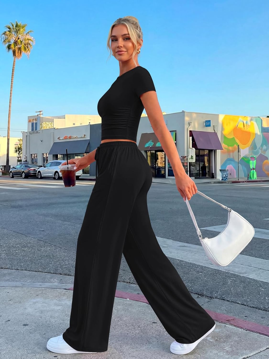 Trendy Queen 2 Piece Summer Sweatsuit Set - Women's Ruching Top & Wide Leg Pants with Pockets