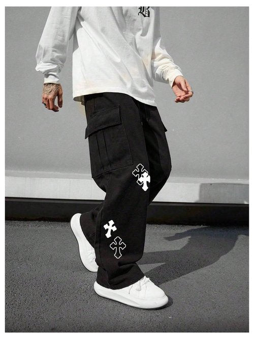 BEAUDRM Men's Cross Graphic Baggy Cargo Pants Drawstring Waist Wide Leg Sweatpants Streetwear Black Large
