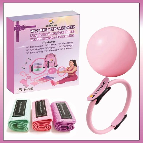 Strenvo Yoga Pilates Ring Set for Home Workouts – 18 Pcs Fitness Kit for Women – Resistance & Toning Accessories with Circle Ring, Ideal for Full Body Toning & Flexibility (Pink)