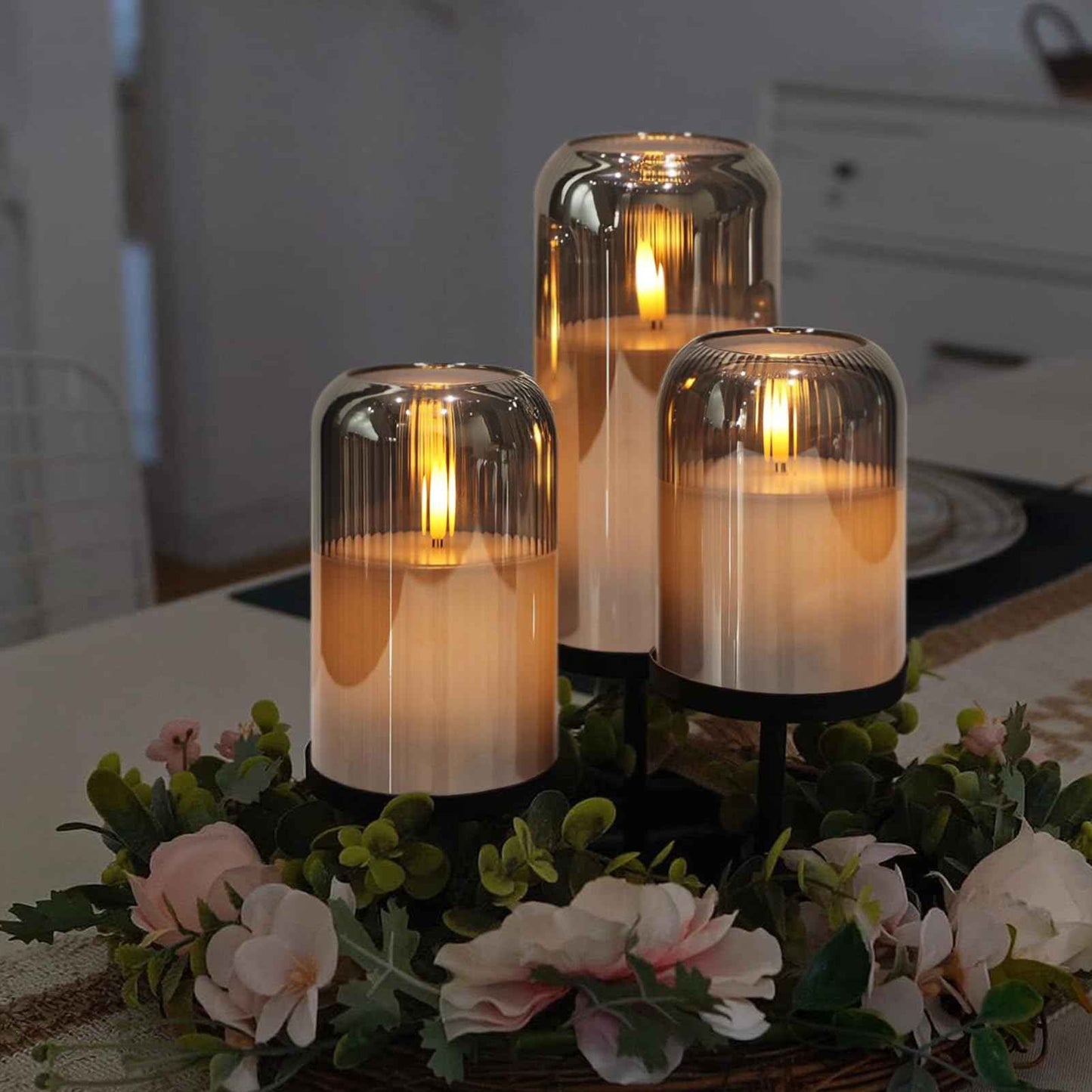 DRomance Glass Flameless Candles with Remote and Timer Battery Operated 3 Pack Real Wax Striped Black LED Flickering Pillar Candles Dinner Wedding Halloween Christmas Holiday Decor(3" D x 4",5",6" H)