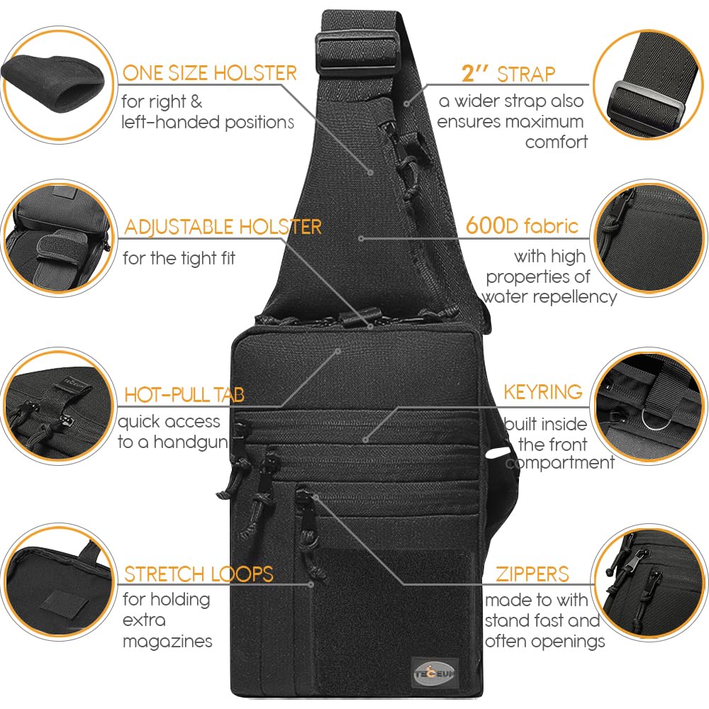TECEUM Tactical Compact Sling Bag – CCW for Everyday – For R&L Hand – Shoulder Crossbody Bag for Concealed Carry of Handgun – Pack (Black)