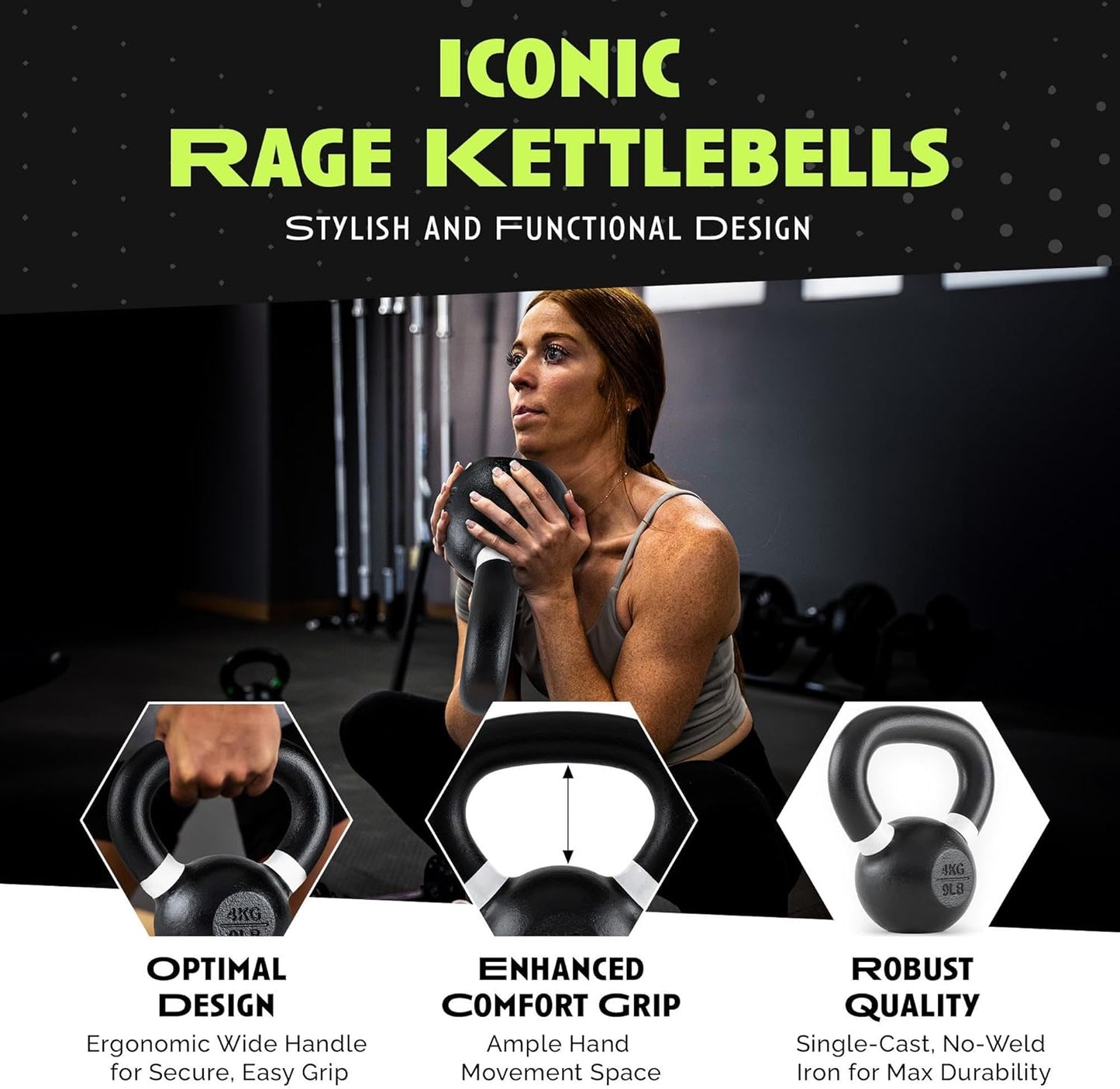 Rage Fitness Cast Iron Kettlebell - Powder Coated, Wide Handle for Core & Glute Workouts | Strength & Endurance