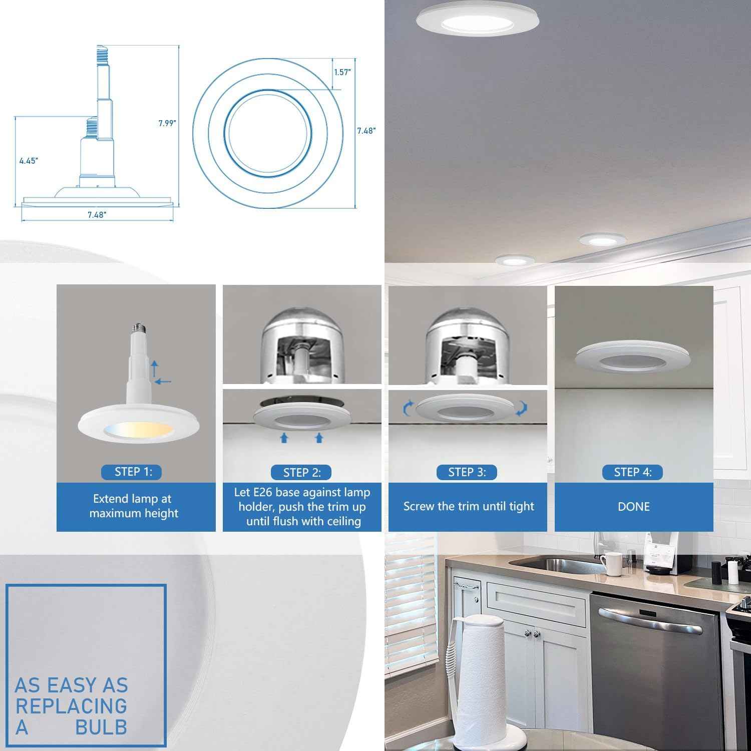 Jolux 5/6 Inch LED Recessed Lighting with Night Light,2700K/3000K/3500K/4000K/5000K Selectable Retrofit Downlight,12W=60W,800LM,Dimmable Can Lights, Damp Rated,Simple Installation,6-Pack