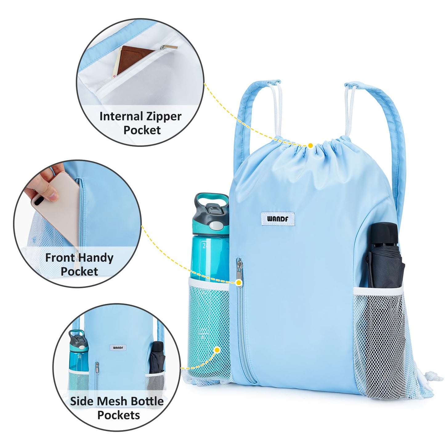 WANDF Drawstring Backpack with Shoulder Pad Sports Gym Backpack with Mesh Pocket String Bag for Women Men(Blue)