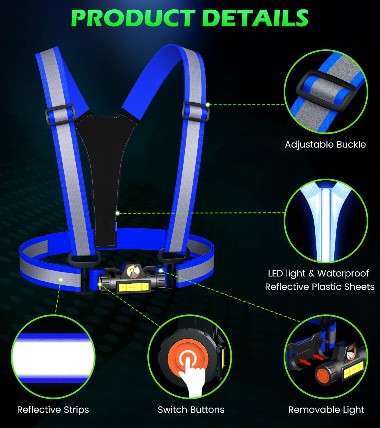 Skiennix LED Reflective Running Vest - 90° Adjustable Rechargeable Chest Light for Night Safety
