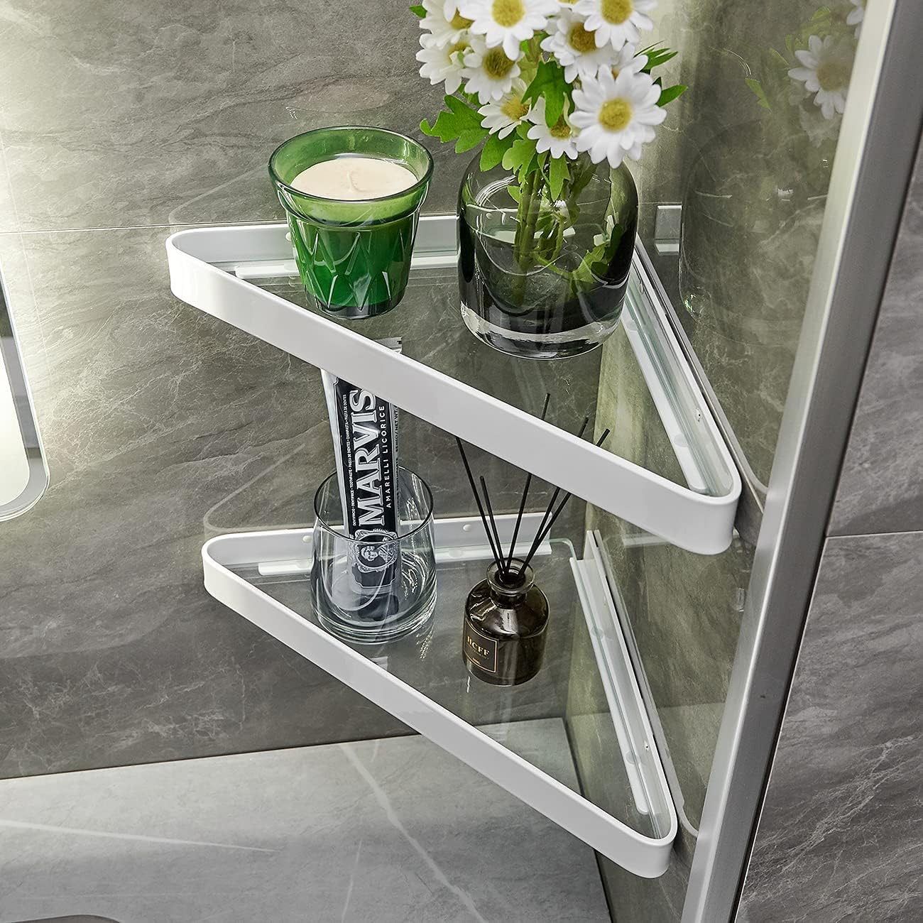 Wall Mounted Glass Bathroom Shelves - 2-Tier Floating Organizer in Black