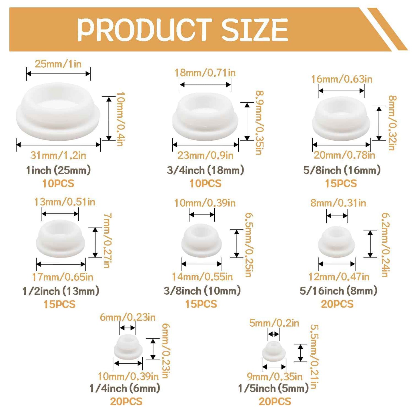zDwfDc 125PCS 8 Sizes White Rubber Plug Silicone Plugs for Round Holes, 1" 3/4" 5/8" 1/2" 3/8" 5/16" 1/4" 1/5" Round Hole Plugs Snap Locking, Used for Furniture DD028-w