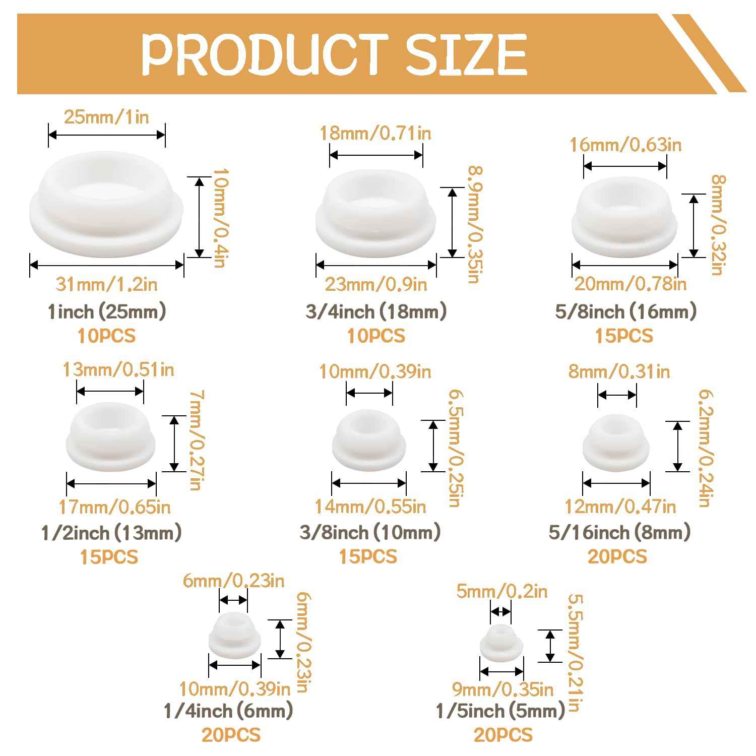 zDwfDc 125PCS 8 Sizes White Rubber Plug Silicone Plugs for Round Holes, 1" 3/4" 5/8" 1/2" 3/8" 5/16" 1/4" 1/5" Round Hole Plugs Snap Locking, Used for Furniture DD028-w