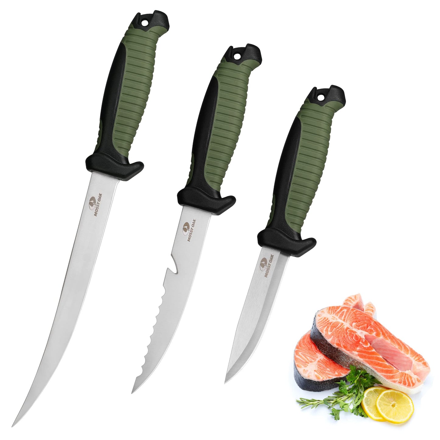 Mossy Oak 3-Piece Fishing Fillet Knife Set with Protective Sheath, Stainless Steel Filet Knives with Non-Slip Handle, Bait Knife for Filleting and Boning (Military Green)