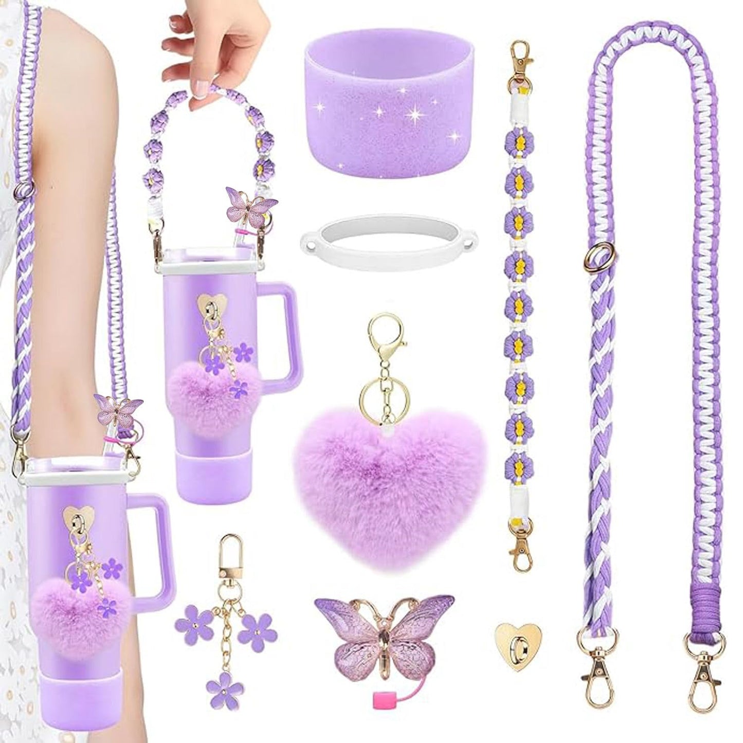 8PCS Stanley Cup Accessories Set, Adjustable Water Bottle Shoulder & Handle Strap, Glitter Protective Boot, Heart Shape Pompom Ball,Straw Topper Cover & Charms for Stanley 30oz 40oz Tumbler (Purple)