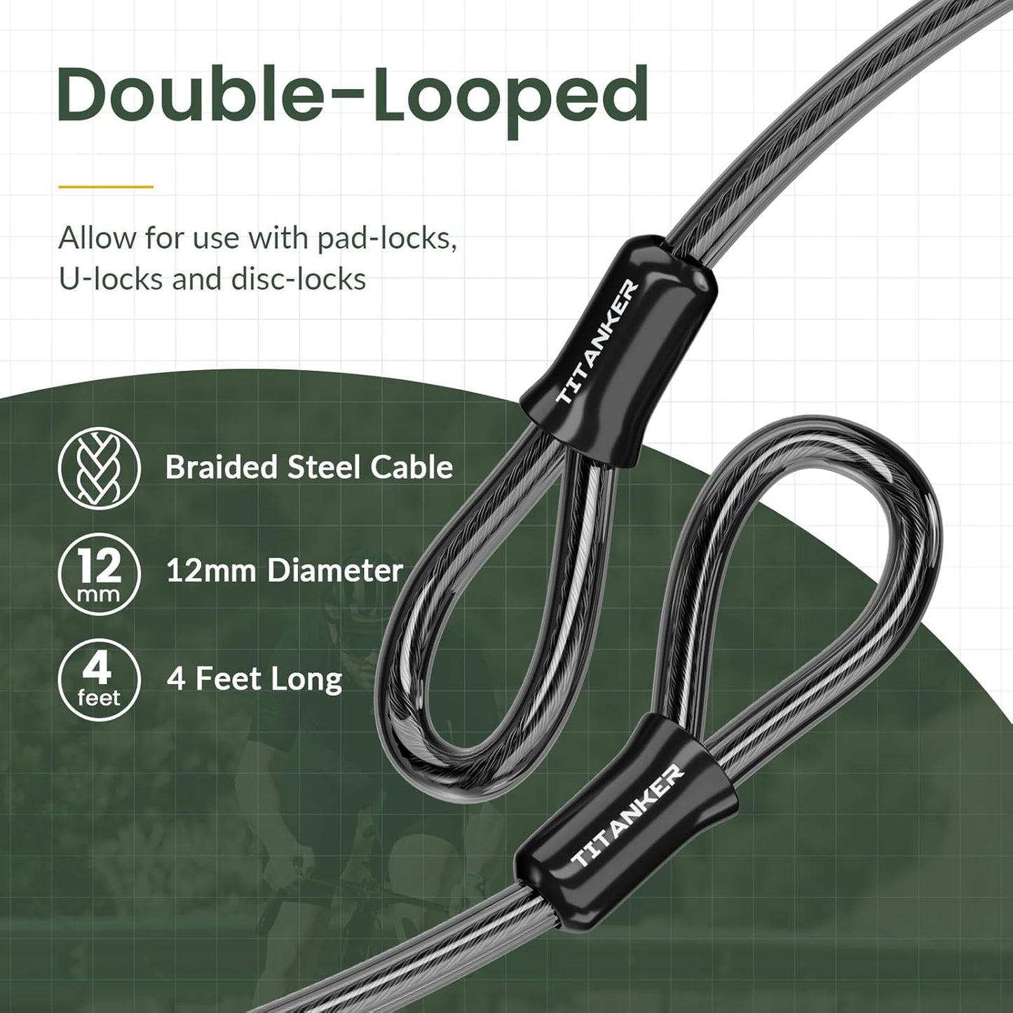 Titanker Bike Lock Cable - Heavy Duty 12mm Thick Steel Security Chain | Vinyl Coated, Multiple Lengths Available (4ft, 7ft, 15ft, 30ft)