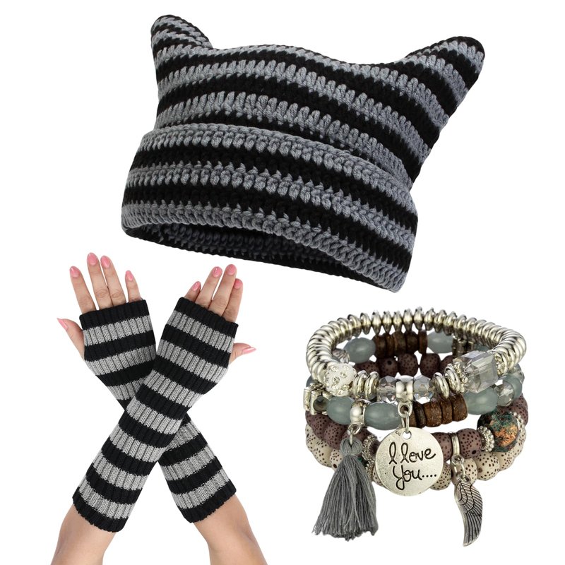 yolrdiw Therian Stuff Emo Grunge Fingerless Gloves Cute Cat Ears Hat Fairycore Stackable Bracelets