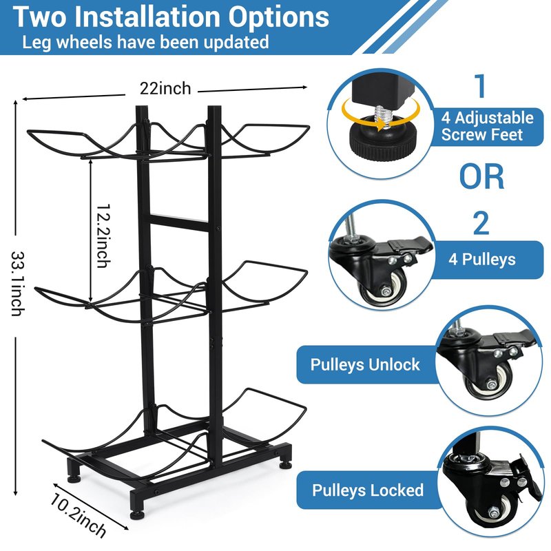 5 Gallon Water Jug Holder with 4 Wheels, Movable Heavy Duty Foldable Water Jug Stand 3-Tier 5 Gallon Water Bottle Holder Water Cooler Jug Storage Rack for 6 Bottles(Black)