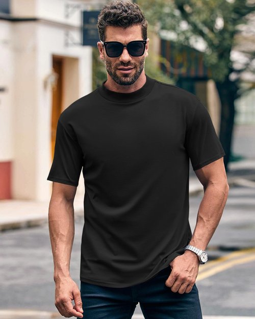 Wihion Mens Ribbed Mock Turtleneck T-Shirt Short Sleeve Solid T Shirts Thermal Underwear Tops Black