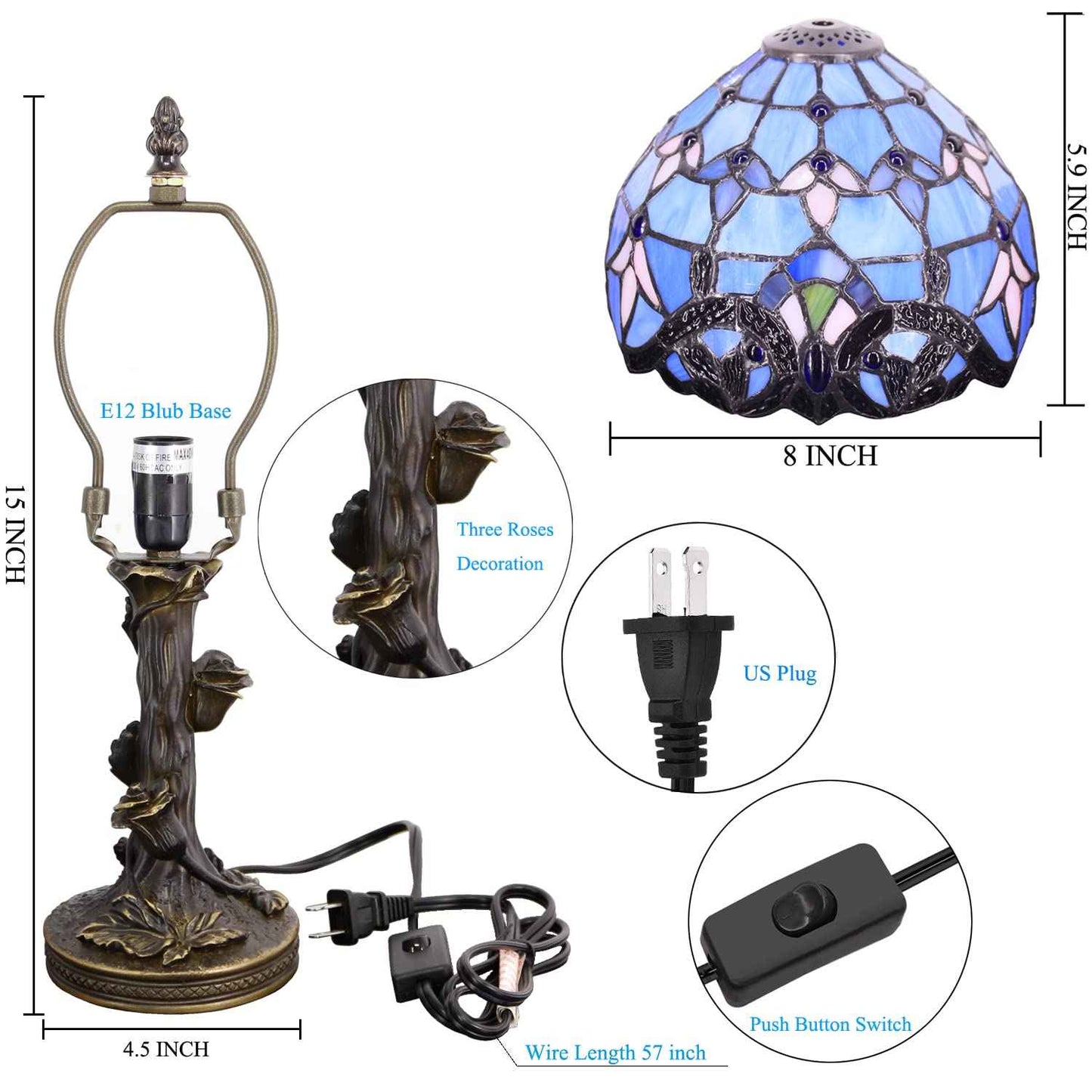 Small Tiffany Lamp Stained Glass Table Lamp Blue Baroque Style Bedside Desk Light Mini Accent Desk Memory Lamp 8X15 Inch